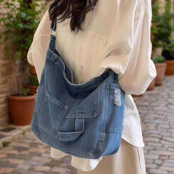 Denim Tote Bag Women Large Crossbody Casual Purse Multi-Pocket Blue - Picture 5 of 6